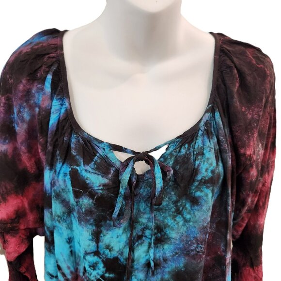 Gypsy Rose Peasant Top Tie Dye Bell Flutter 3/4 Sleeve Scoop Tie Neck Hippie Med - Picture 3 of 14